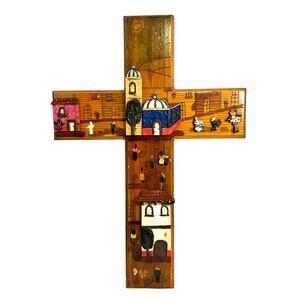 Folk Art Hand Painted 3-D Wood Cross Church Village Scene 20” x 14”